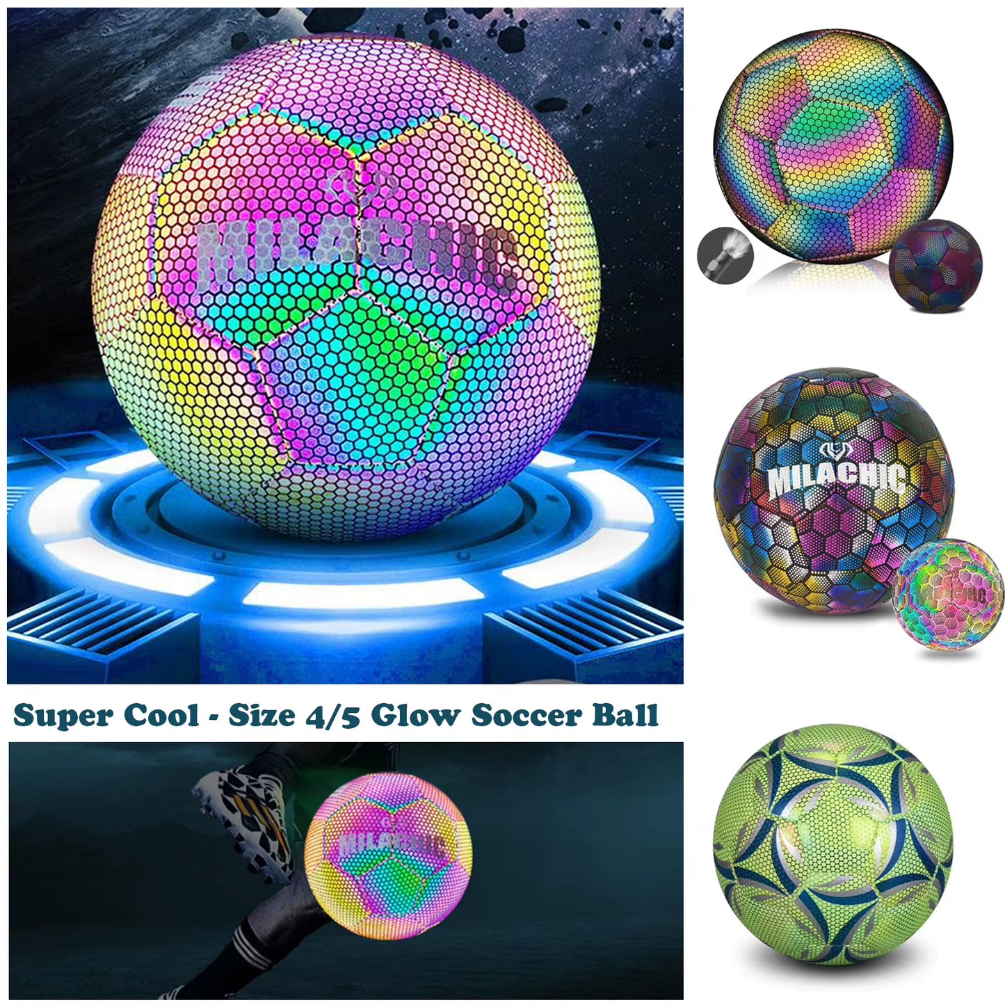 Super Cool Reflective Football Night Glowing Soccer Ball No.5/4 Luminous Football for Soccer Boy Child Bright Football Training